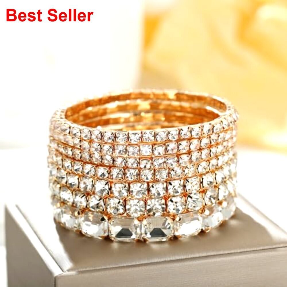 Crystal Stretch Bracelets Set, Stackable Layered Rhinestone Jewelry - Picture 4 of 7